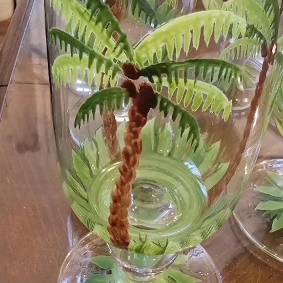 4 Hand Painted Drinking Glass Glasses Tropical Palm Trees Goblet Glass - Picture 2 of 7